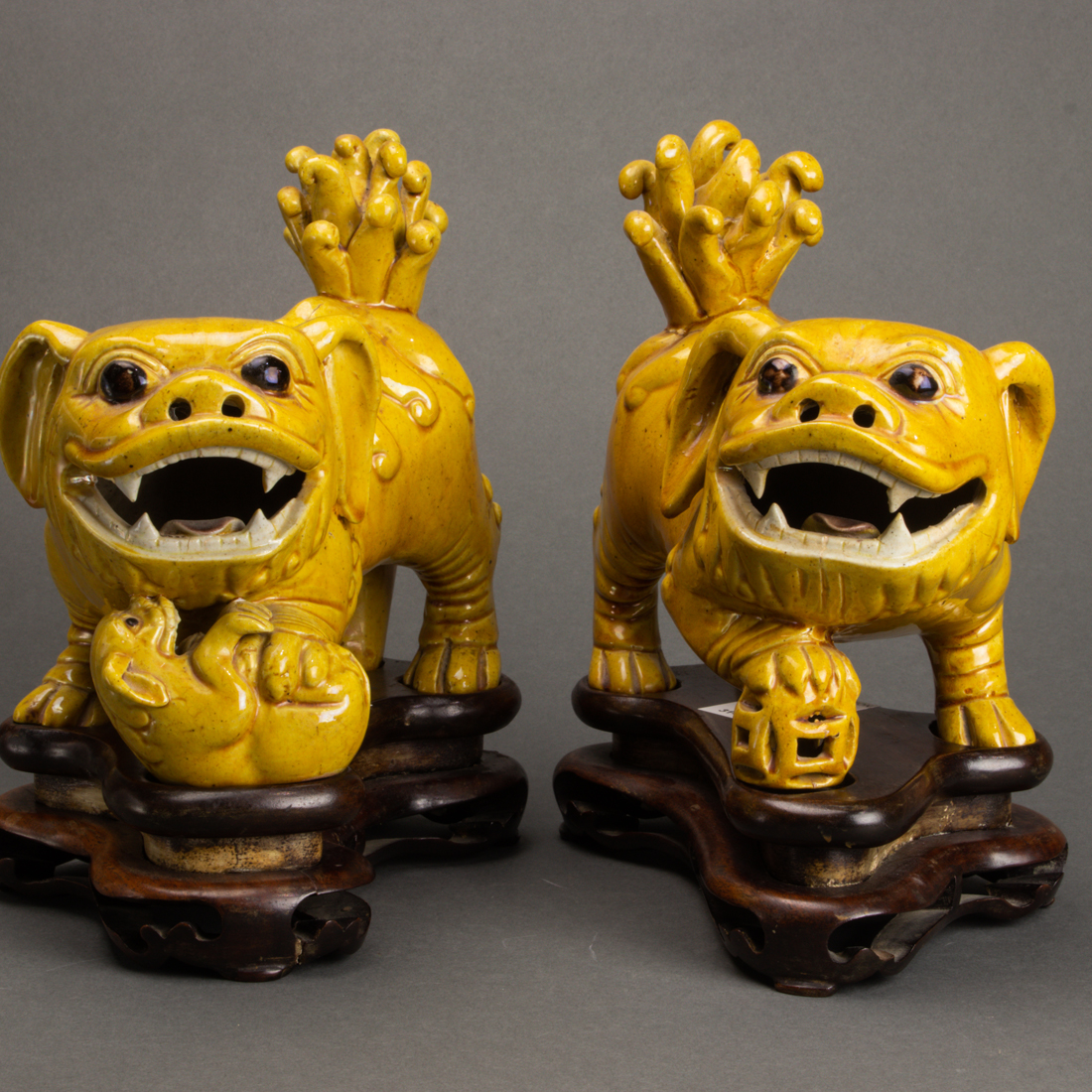 PAIR OF CHINESE YELLOW GLAZED FU DOGS