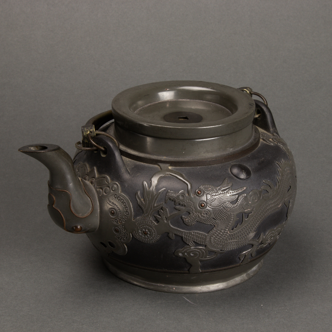 CHINESE PEWTER MOUNTED CLAY TEAPOT