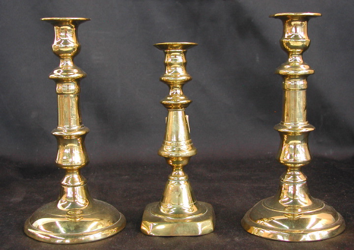 Group of Three English Brass Candlesticks  3a5bb4