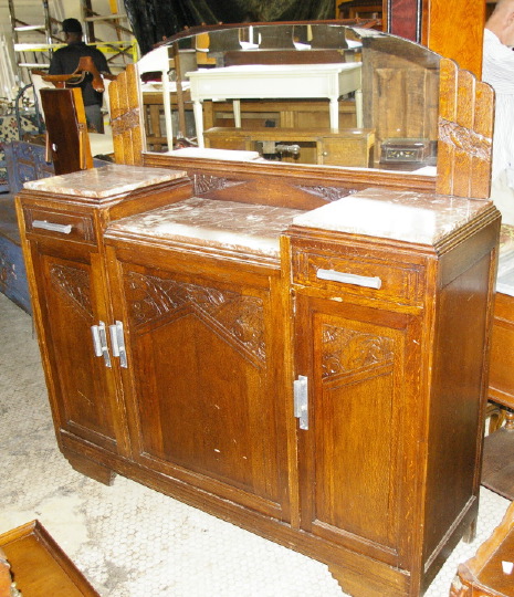 French Art Deco Oak and Marble-Top