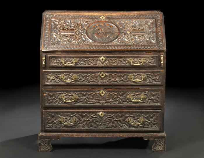 English Carved Oak Bureau,  19th