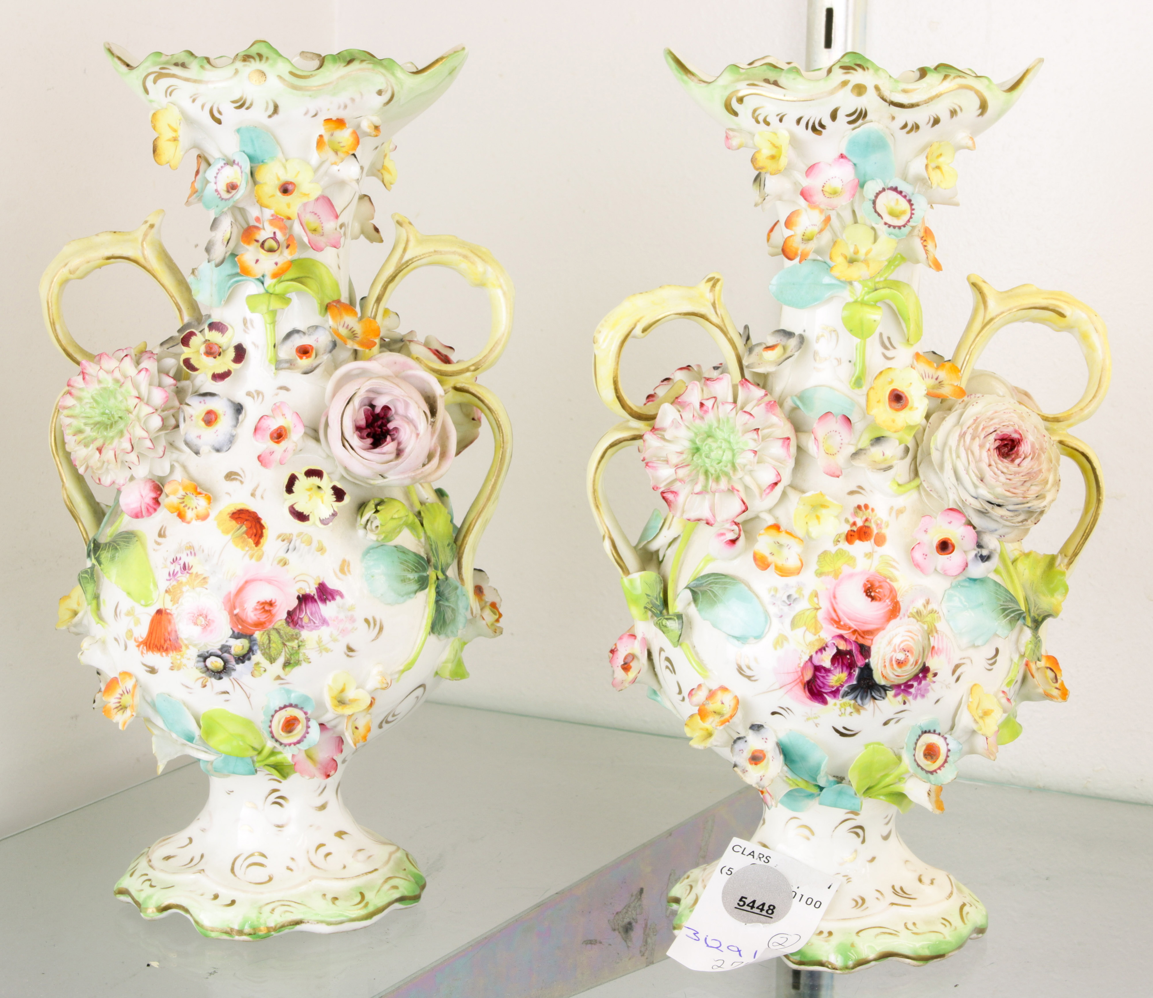PAIR ENGLISH FLORAL ENCRUSTED PORCELAIN 3a61f5