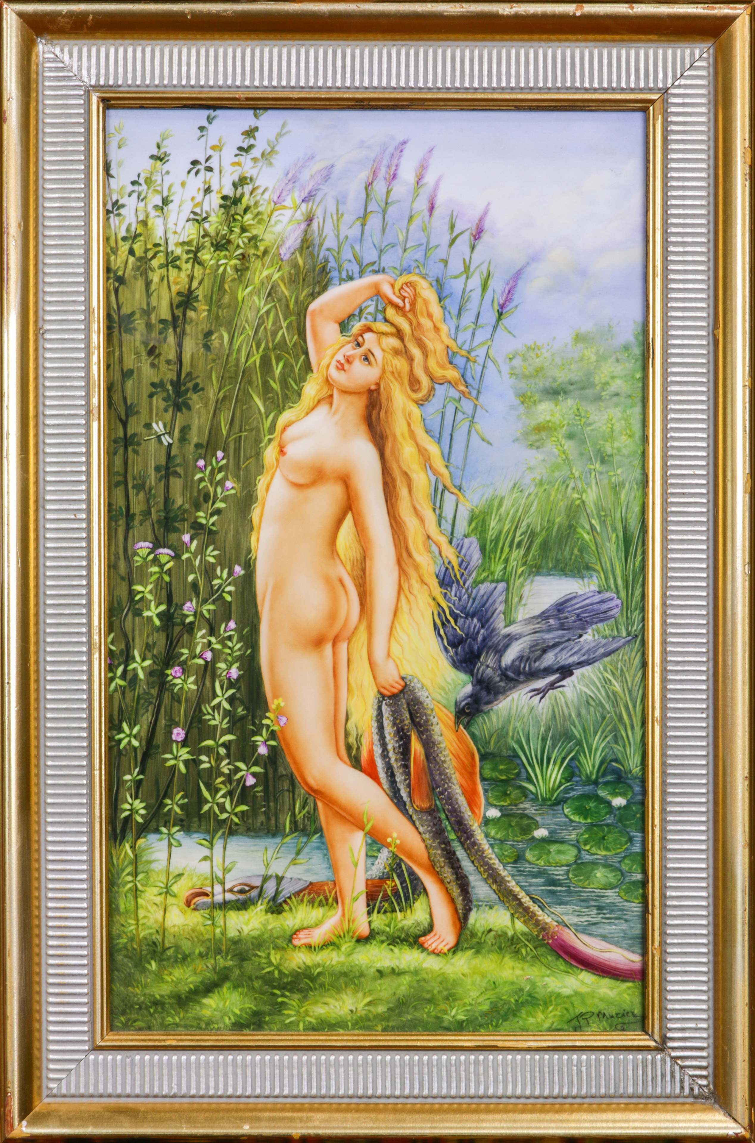 A PAINTED SCENIC PLAQUE OF A NUDE 3a626e