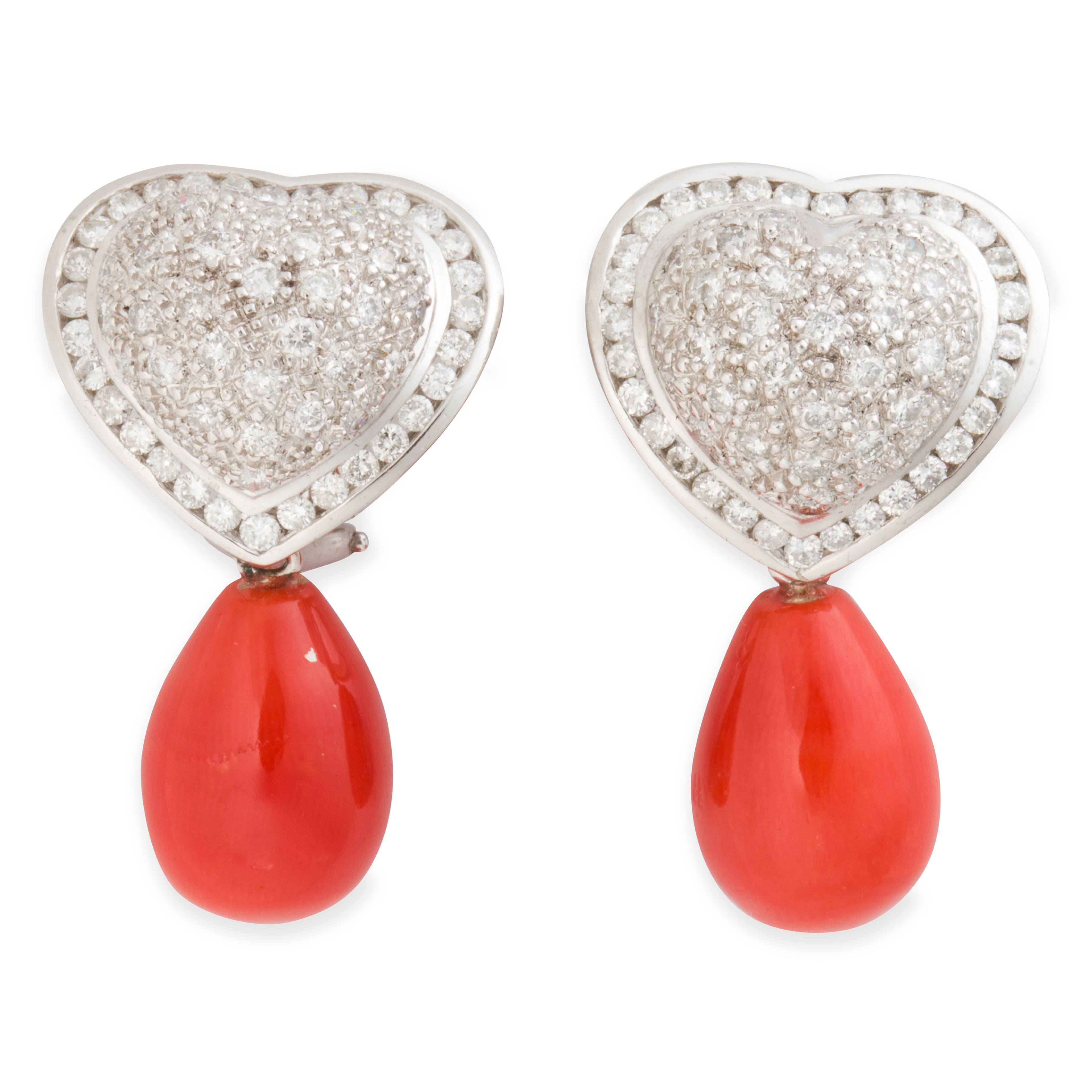 A PAIR OF CORAL DIAMOND AND PLATINUM 3a639b