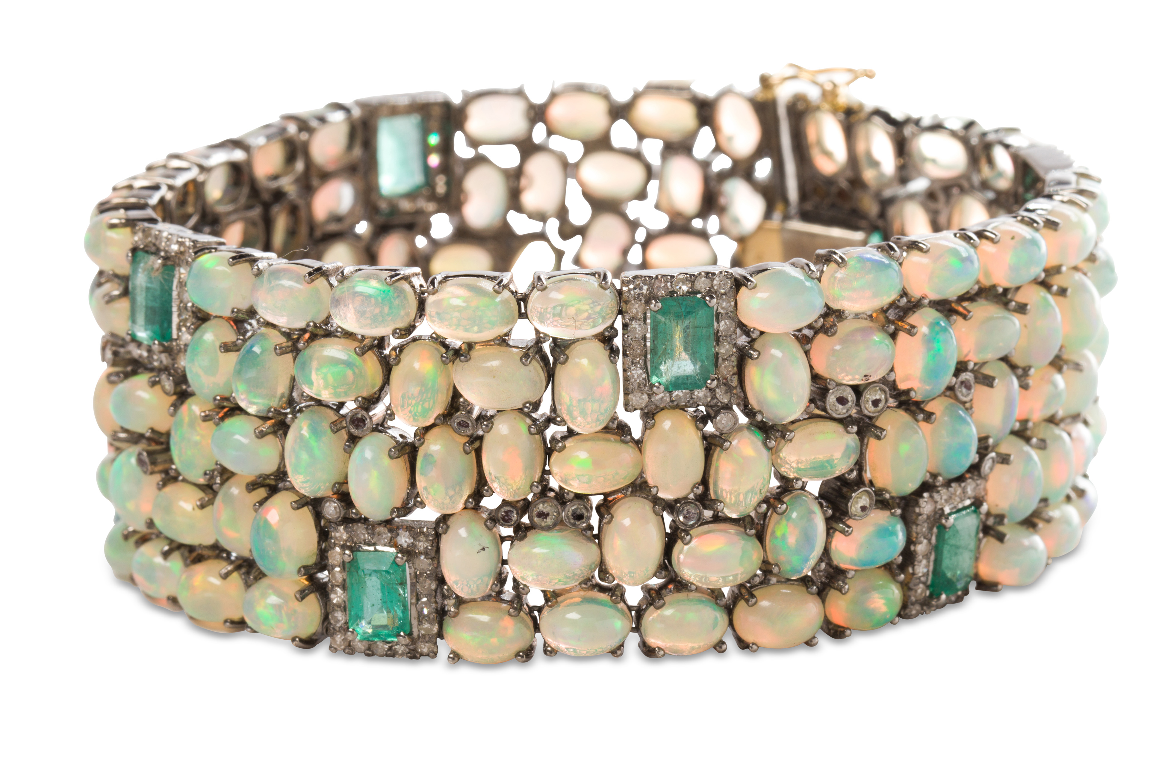 AN OPAL, EMERALD AND DIAMOND BRACELET