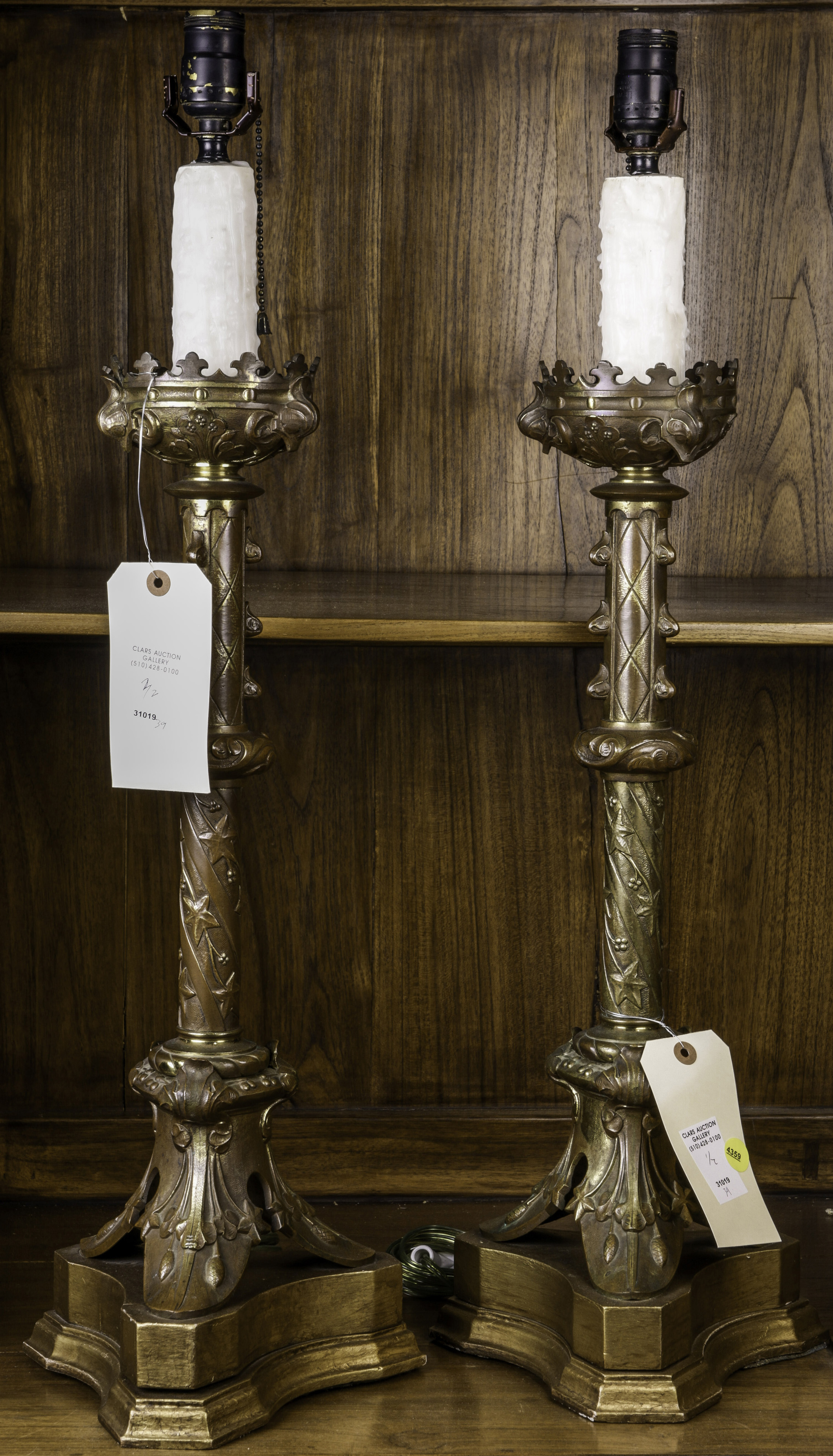 A PAIR OF GOTHIC REVIVAL PATINATED