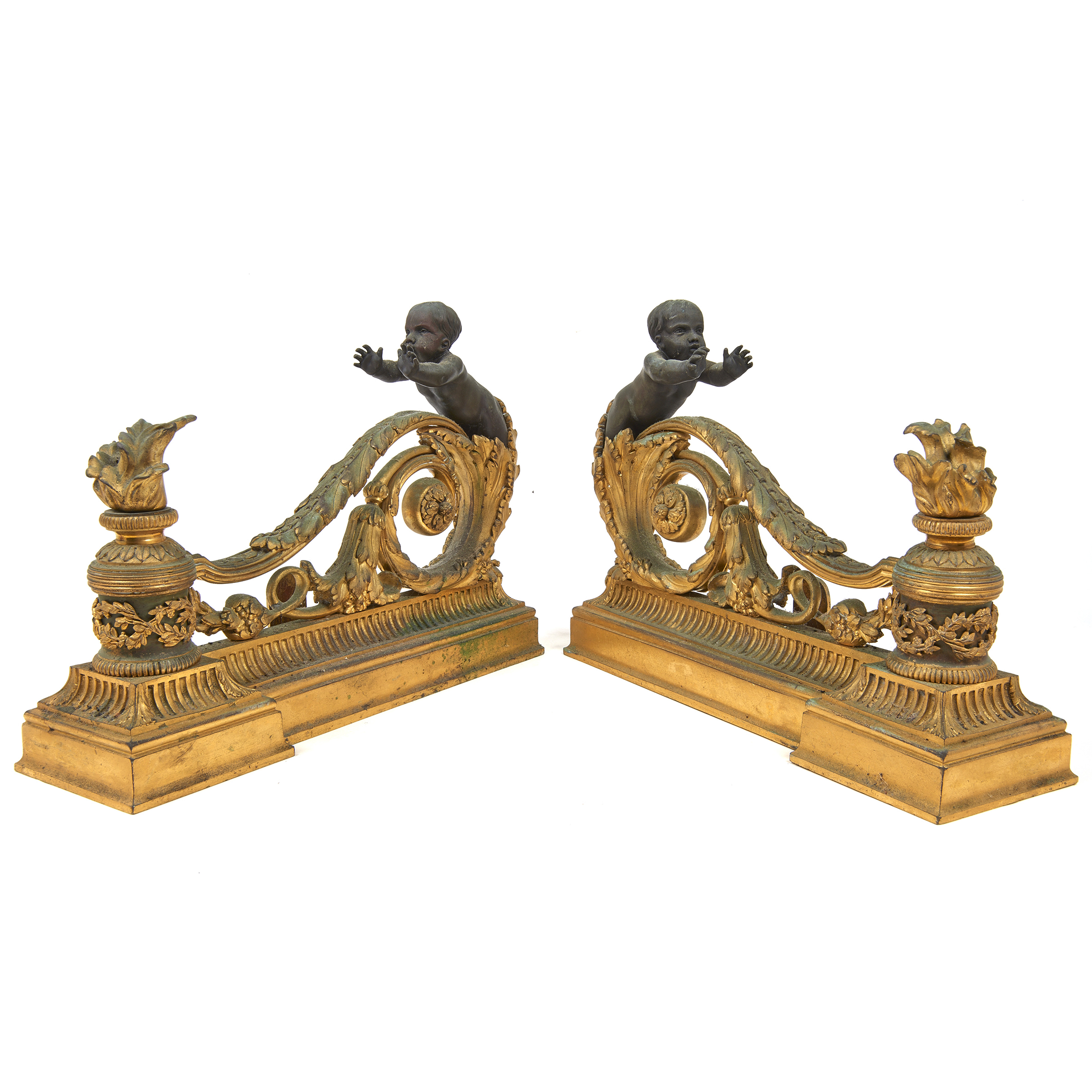 A PAIR OF FRENCH DORE AND PATINATED