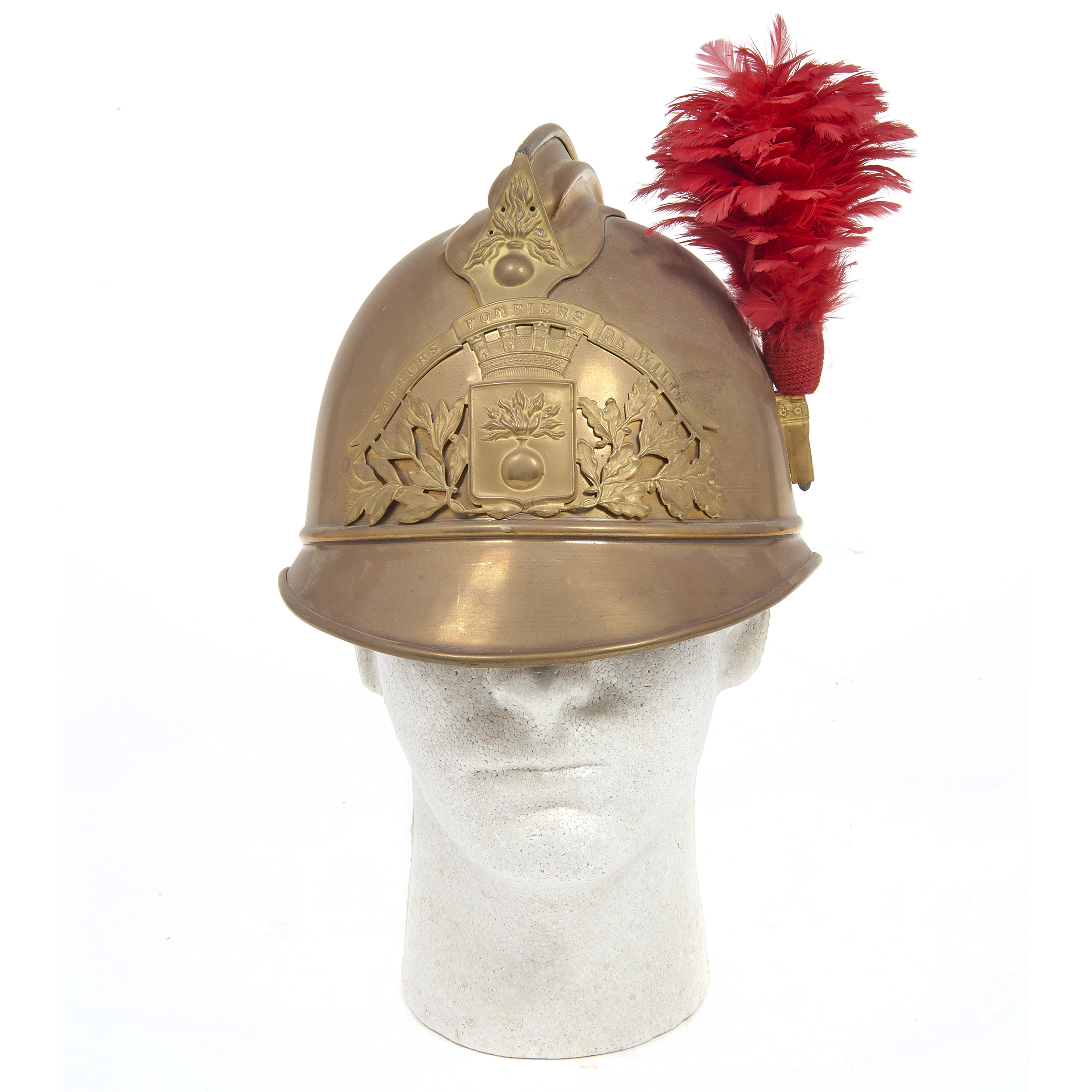 A FRENCH FIREMANS GILT BRASS HELMET