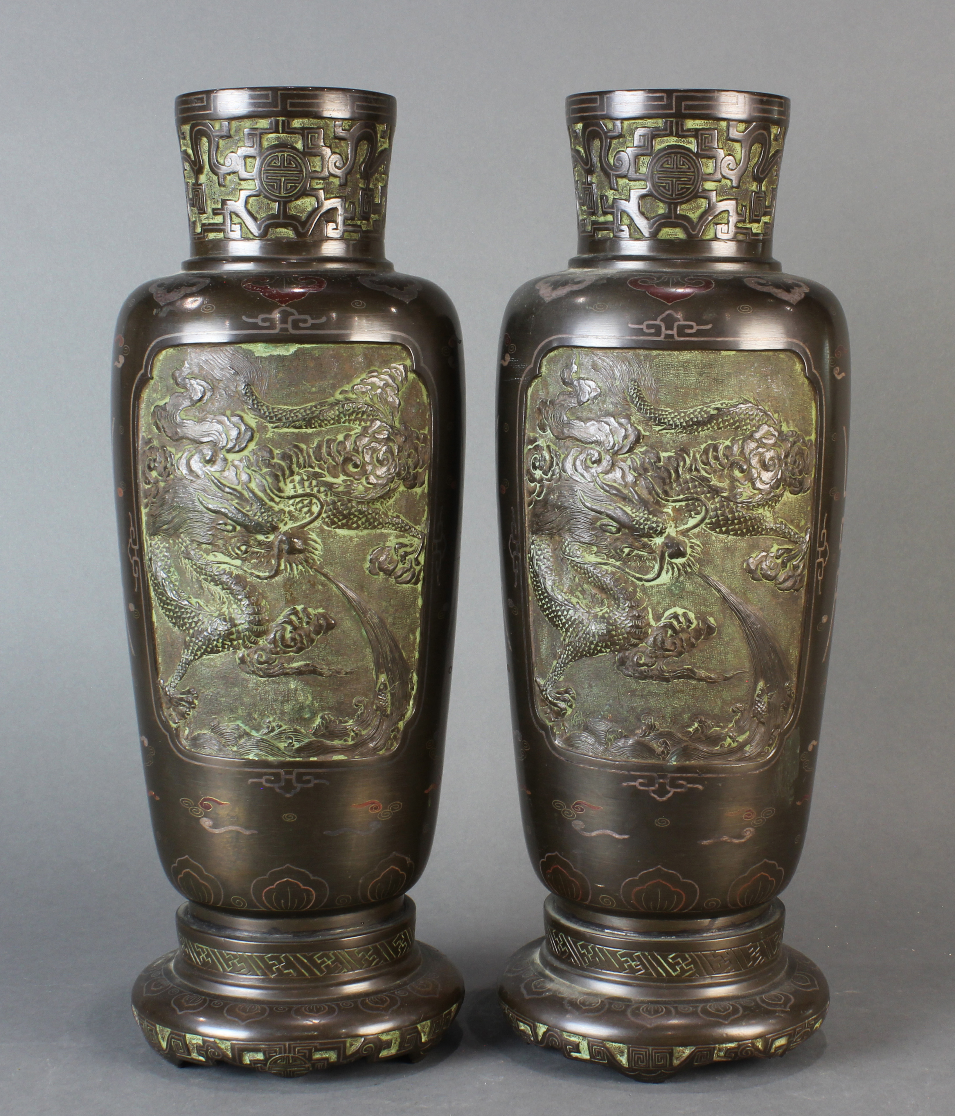 PAIR OF CHINESE BRONZE VASES WITH SILVER