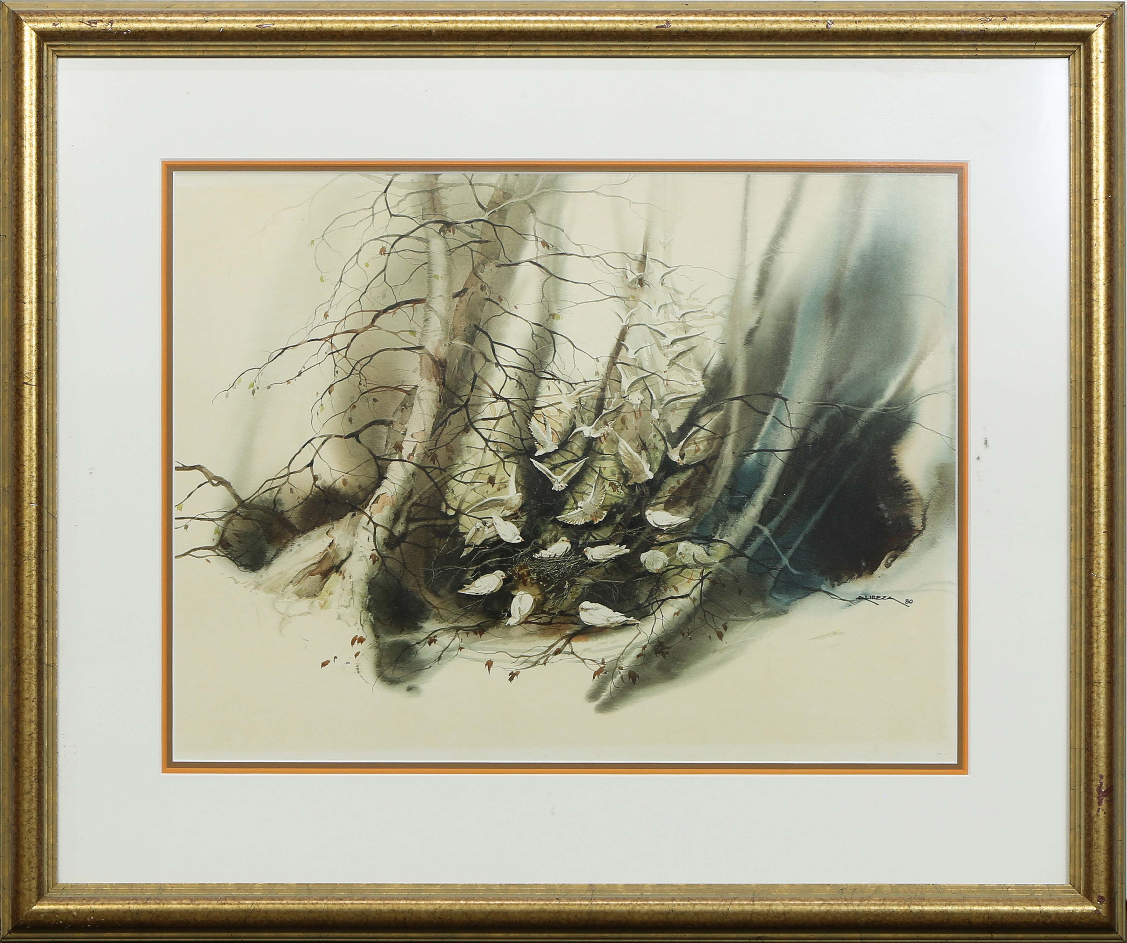 WATERCOLOR DOVES IN TREES American 3a6a89