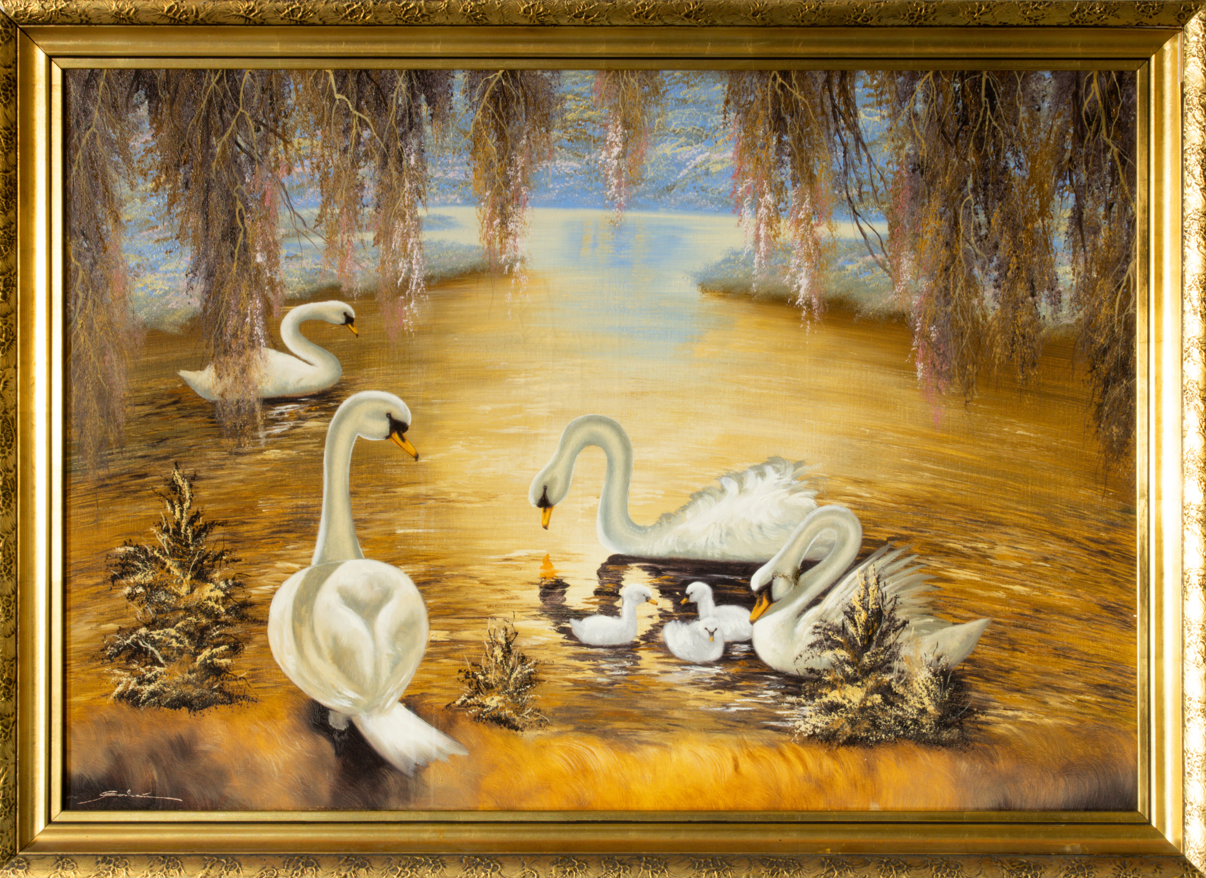 PAINTING FAMILY OF SWANS American 3a6aeb