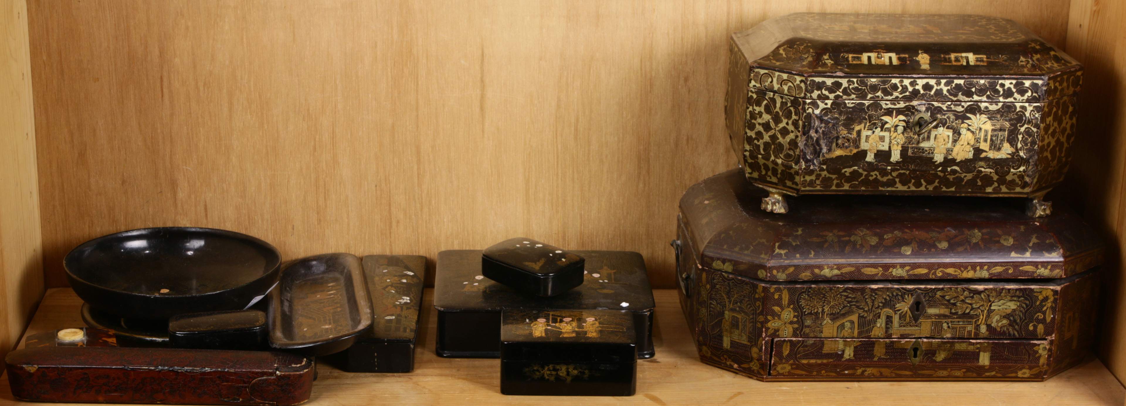 SHELF OF MOSTLY ASIAN GILT LACQUERED