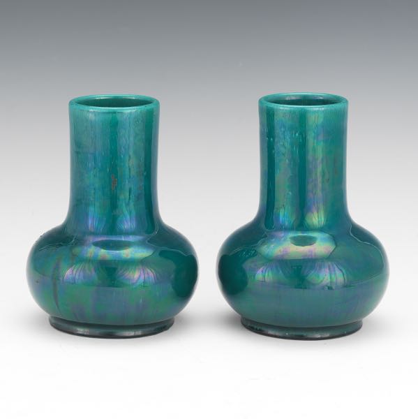 PAIR OF IRIDESCENT BLUE GLAZED