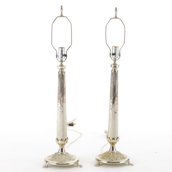 PAIR OF COLUMNAR SILVER PLATE LAMPS