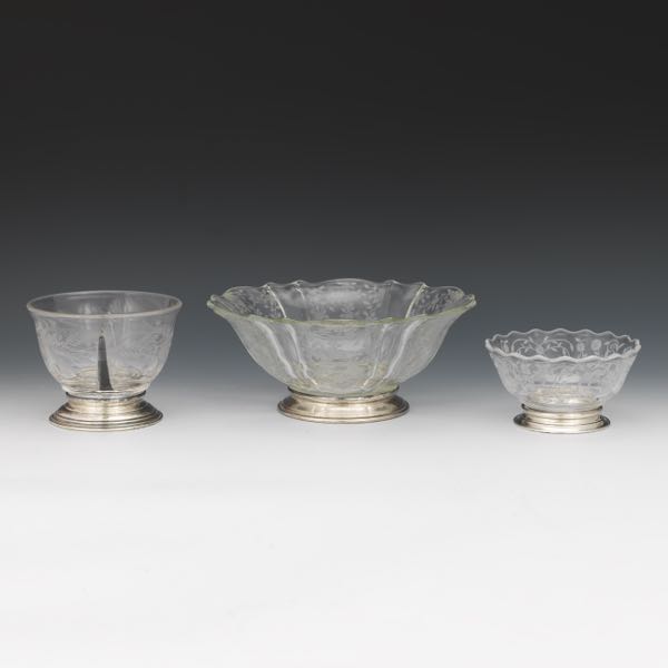 THREE GLASS DISHES WITH STERLING