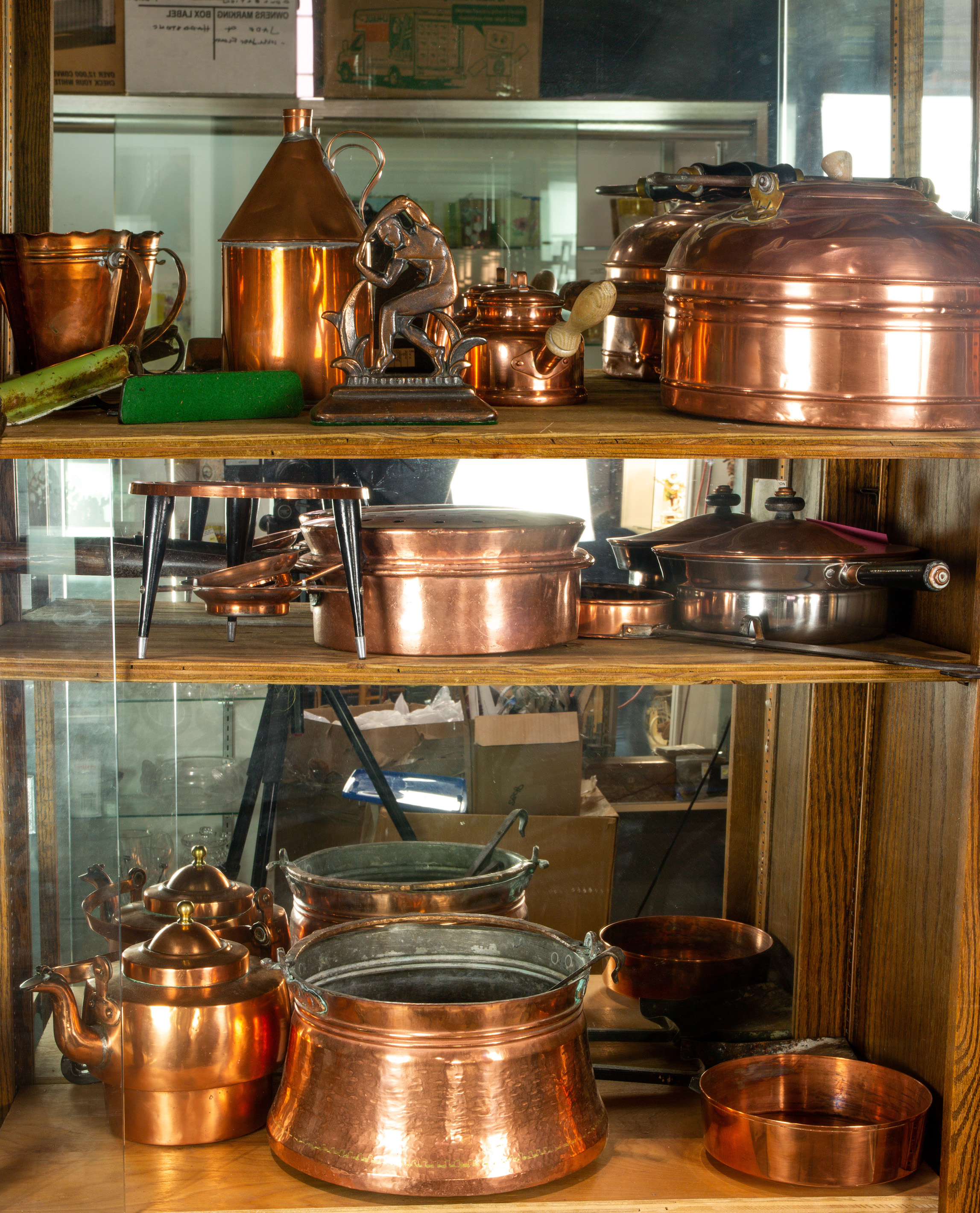 THREE SHELVES OF ASSORTED COPPER