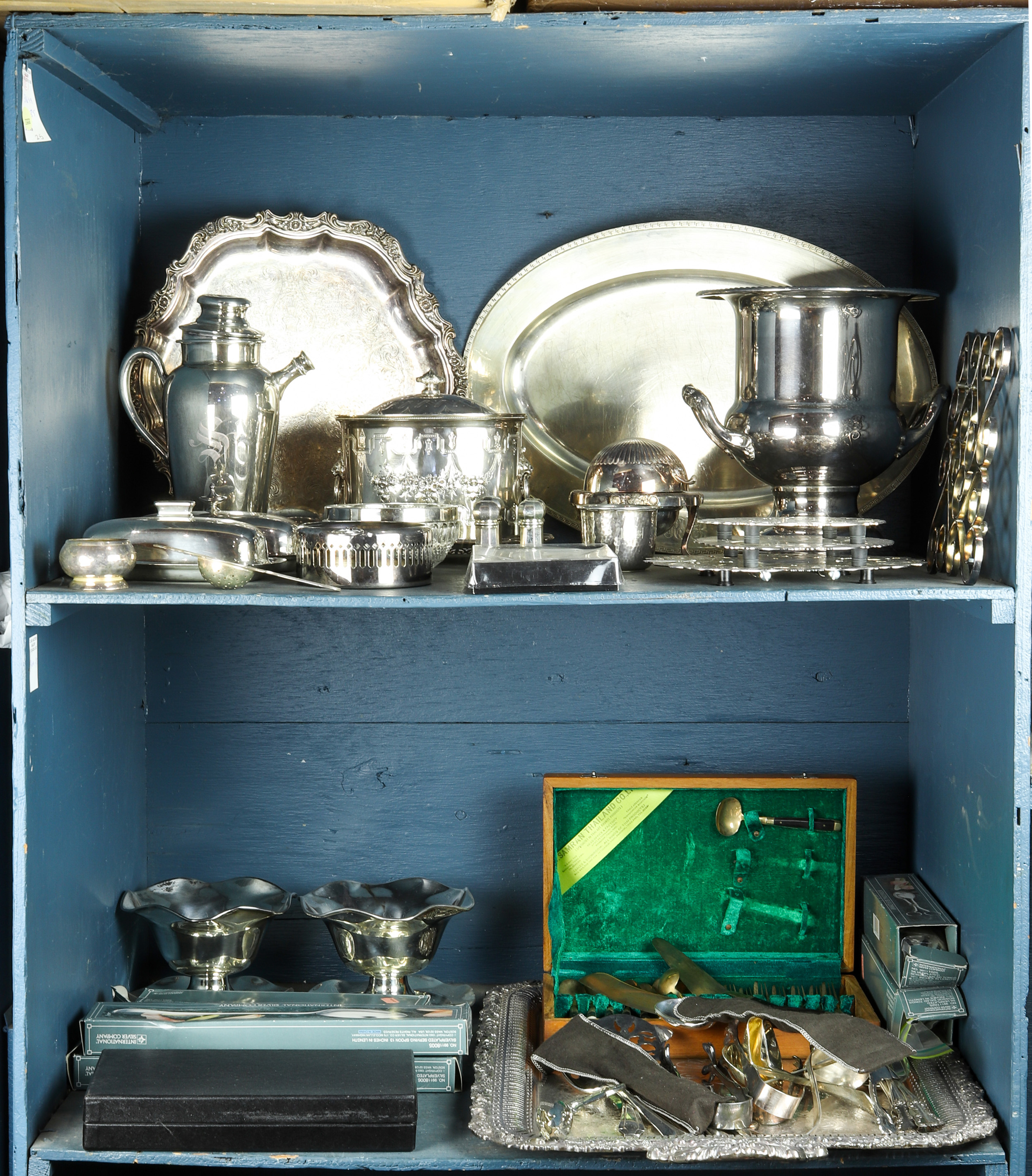 TWO SHELVES AS OF SILVER PLATE TABLE