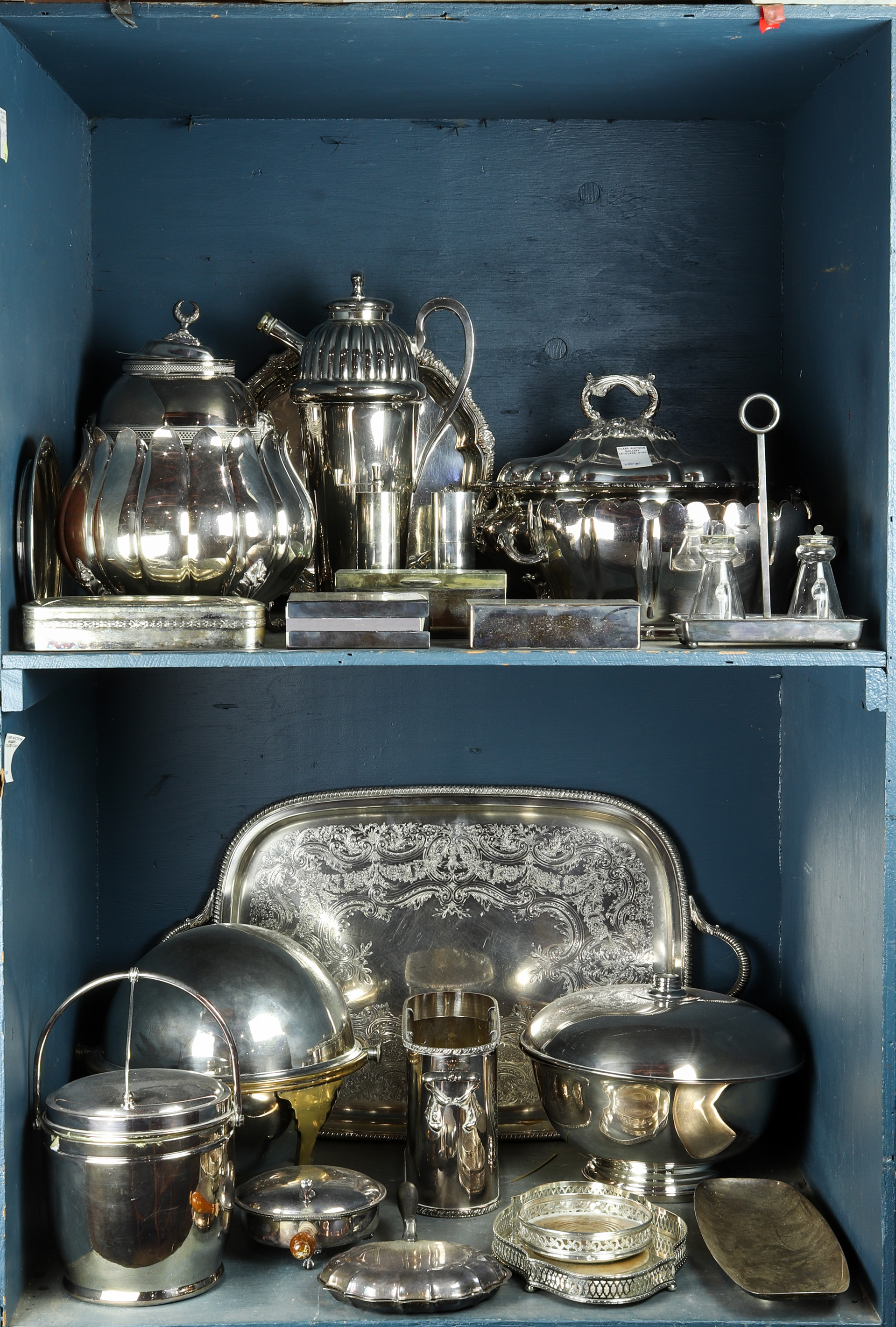 TWO SHELVES OF ASSOCIATED SILVER