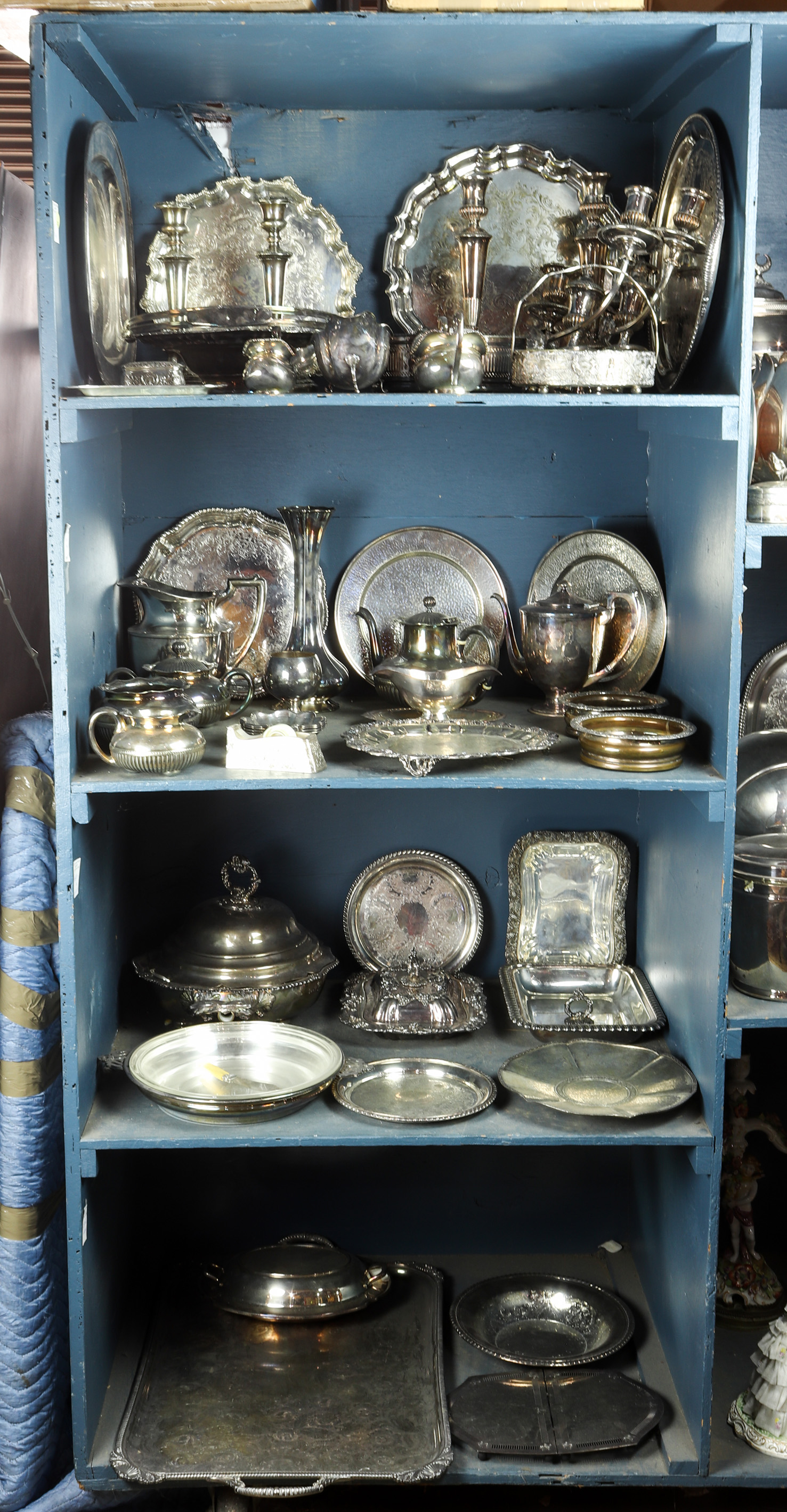 FOUR SHELVES OF ASSOCIATED SILVER