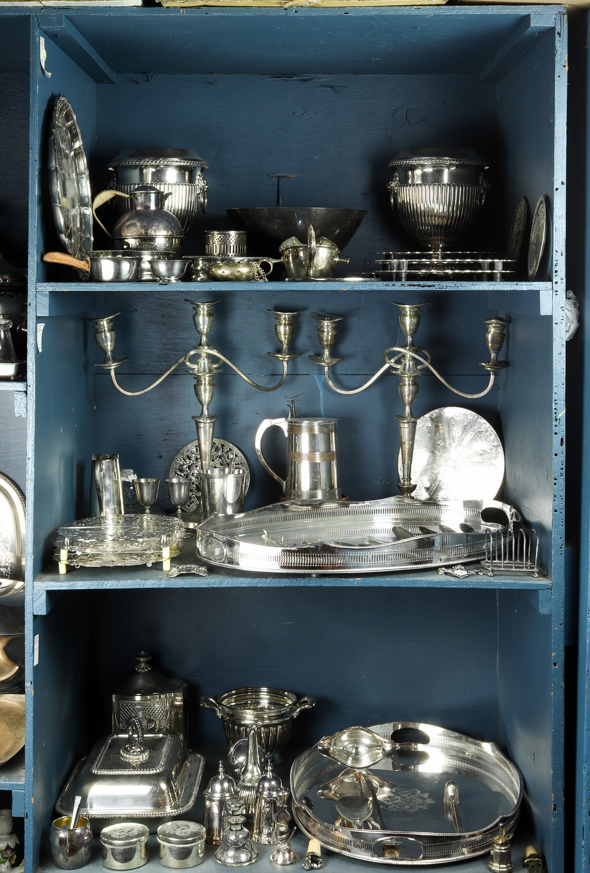 THREE SHELVES OF ASSORTED SILVER
