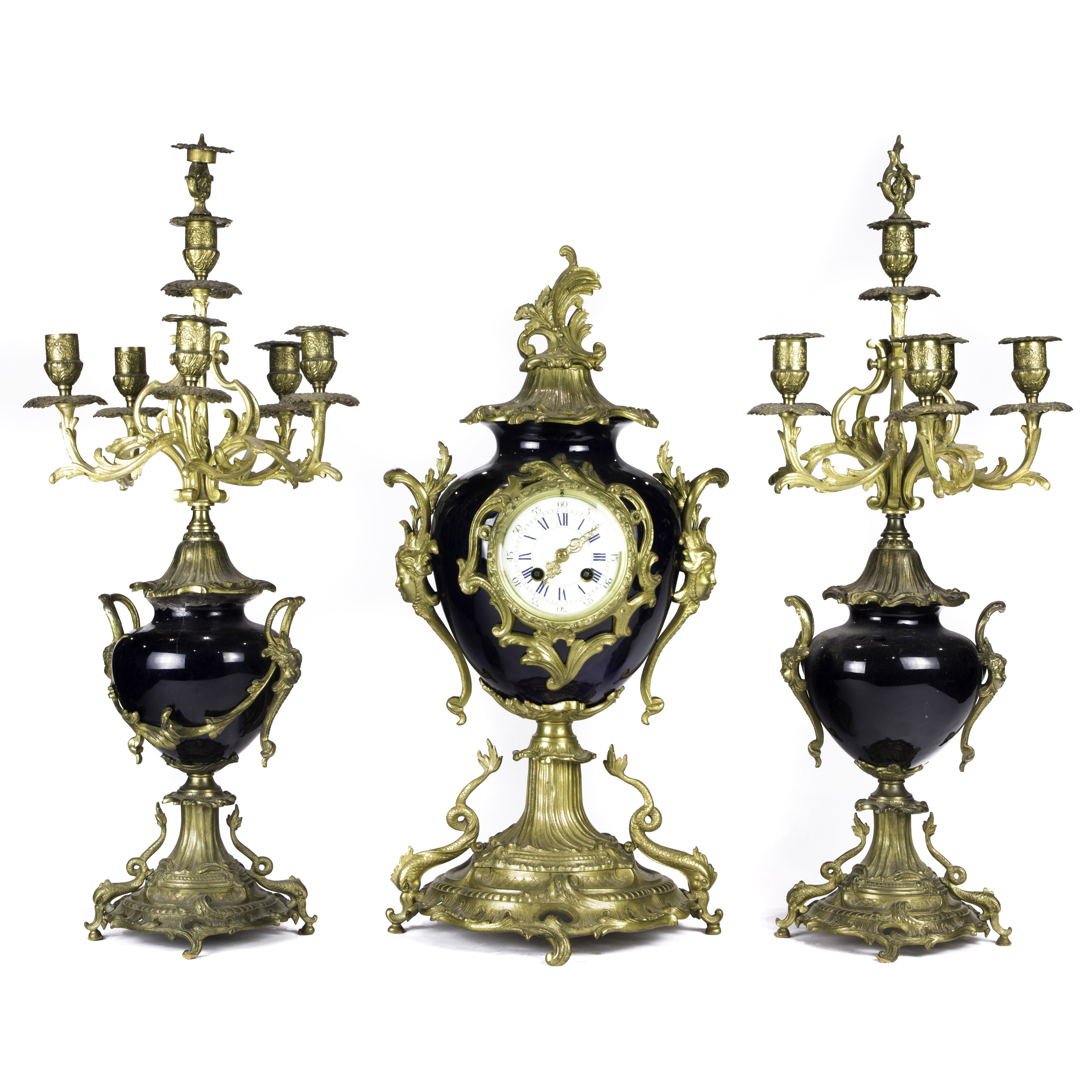 LOUIS XV STYLE MOUNTED PORCELAIN GARNITURE,