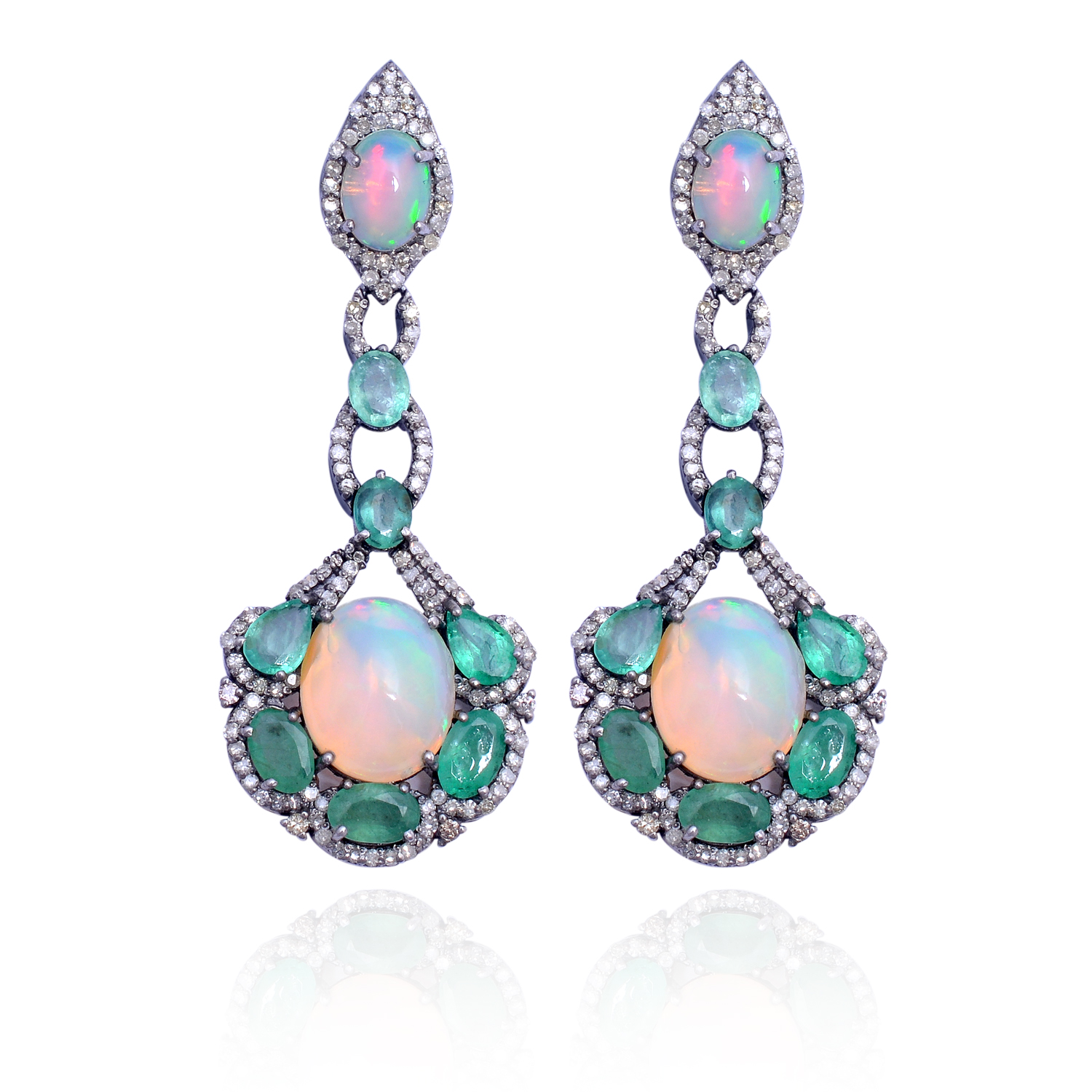 A PAIR OF EMERALD, OPAL AND DIAMOND