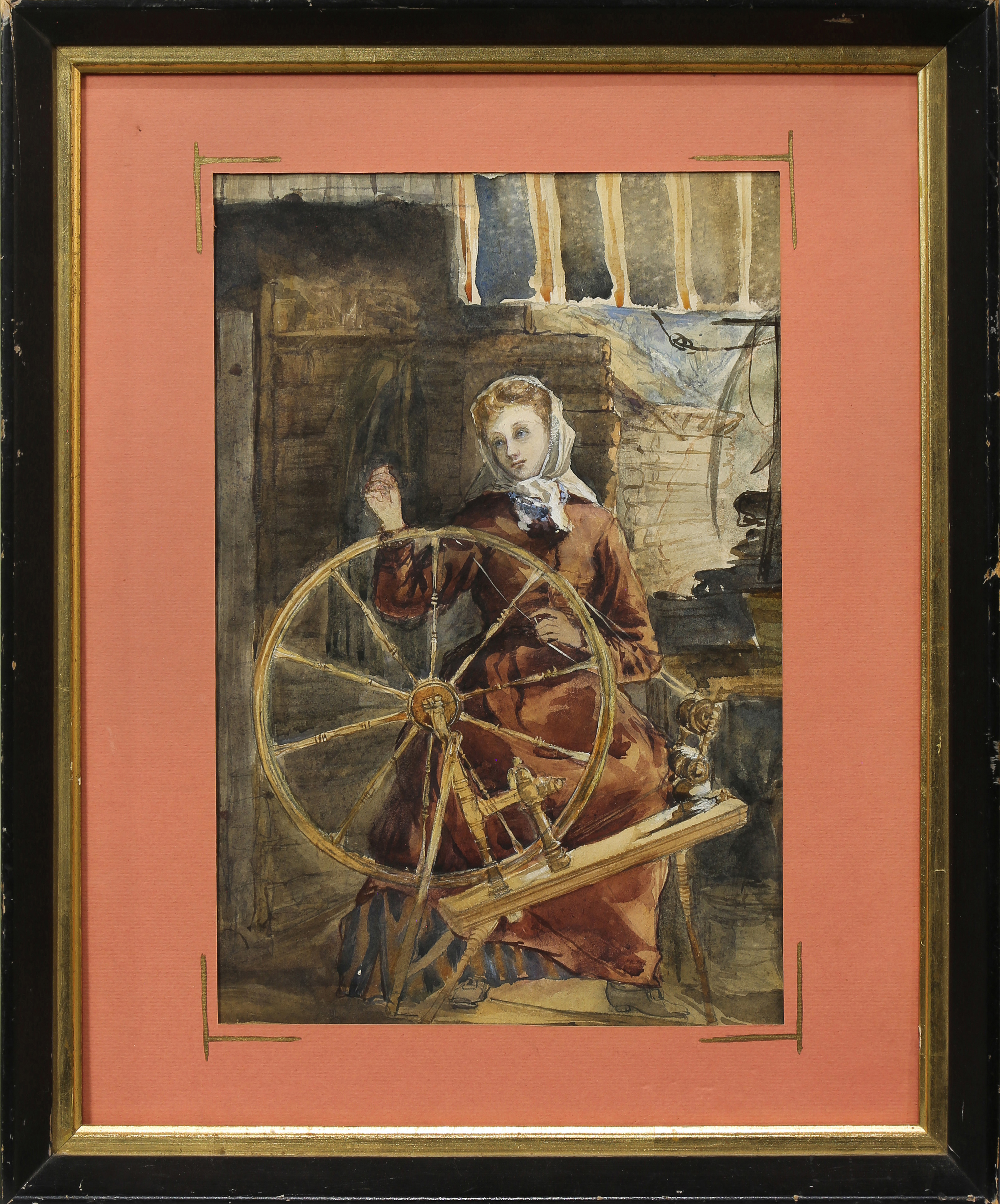WATERCOLOR WOMAN SPINNING WHEEL 3a4e36