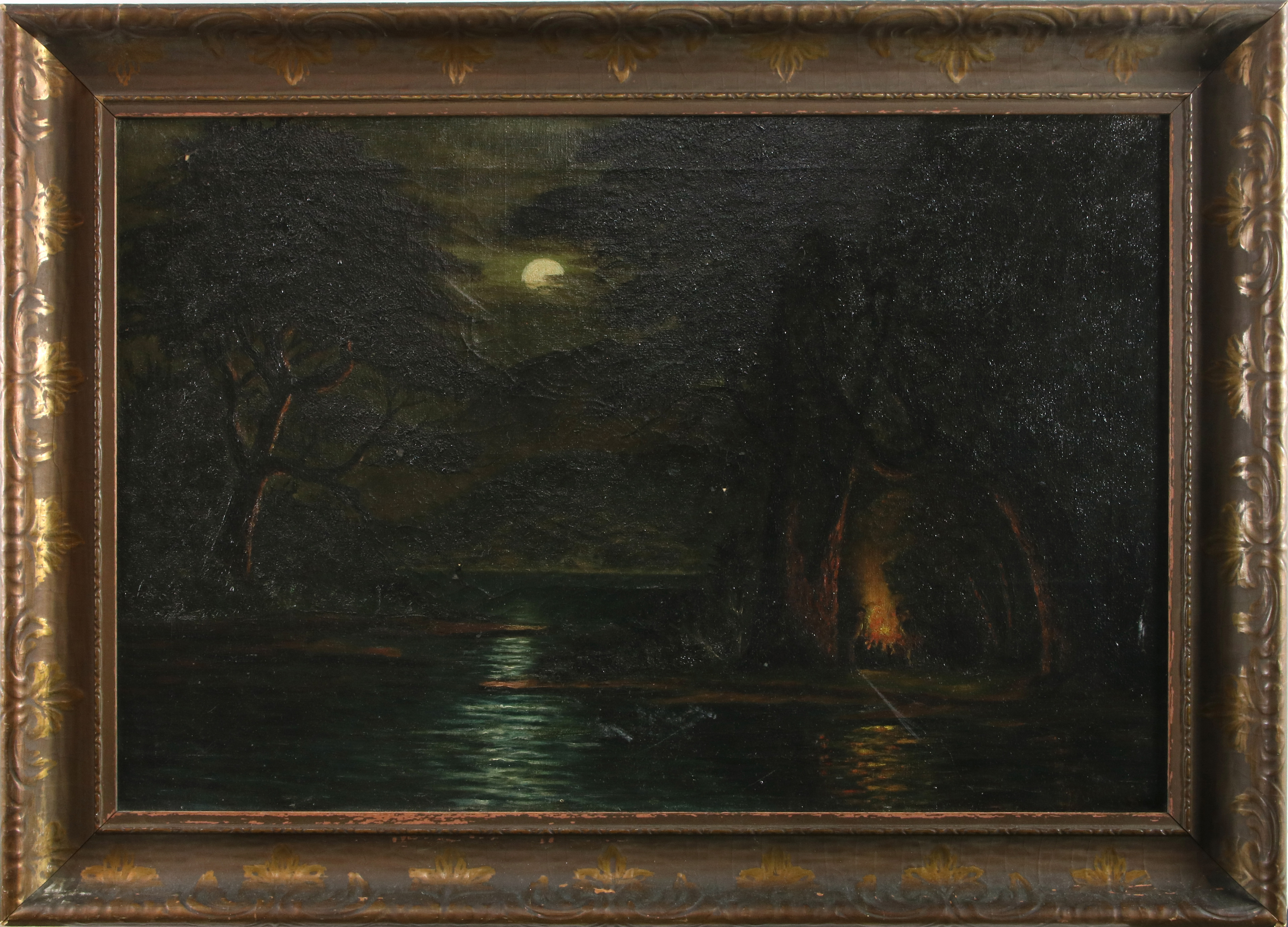 PAINTING MOONLIGHT CAMPFIRE American 3a4e65