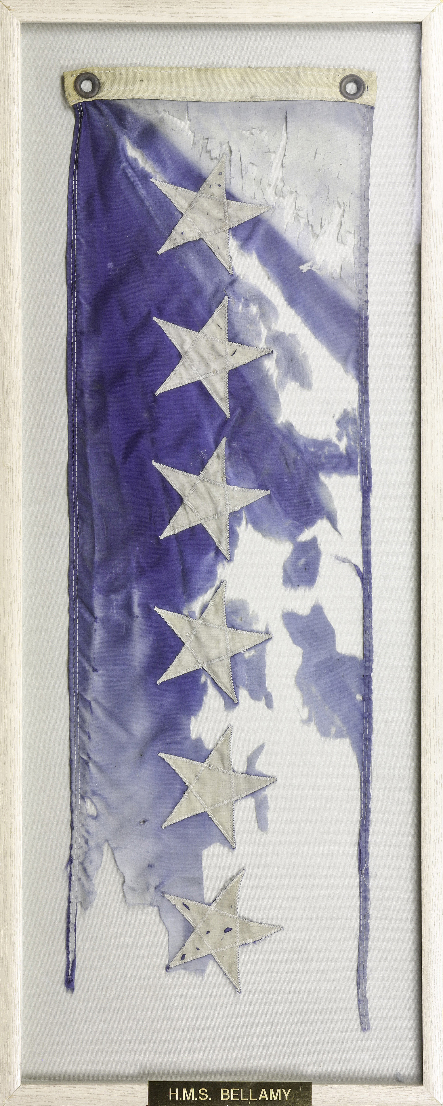 A FRAMED HMS BELLAMY SIX STAR FLAG  3a4f33