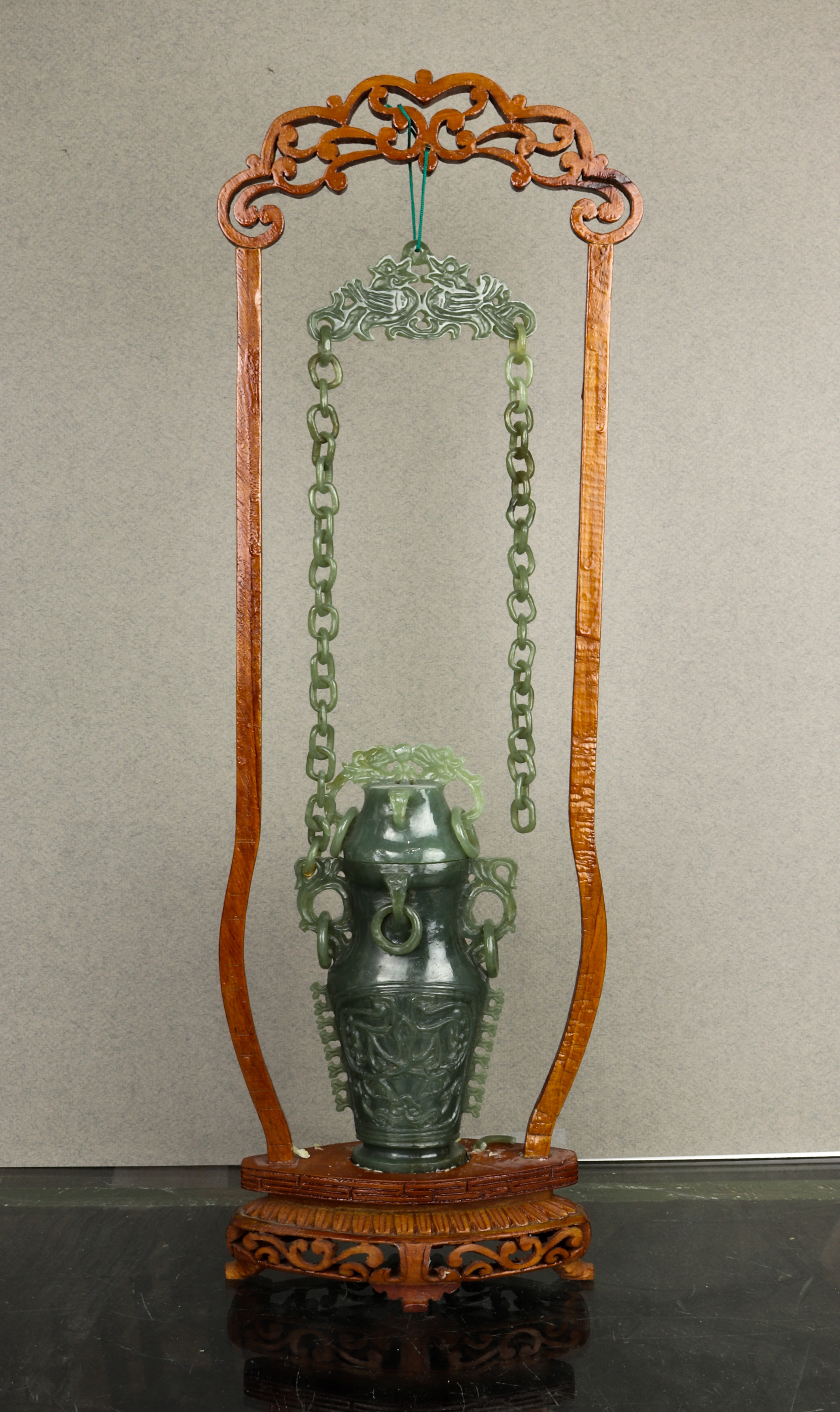 CHINESE HARDSTONE HANGING URN AND