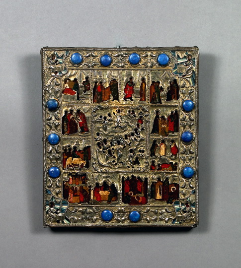 Polychromed Russian Wooden Ikon,  depicting