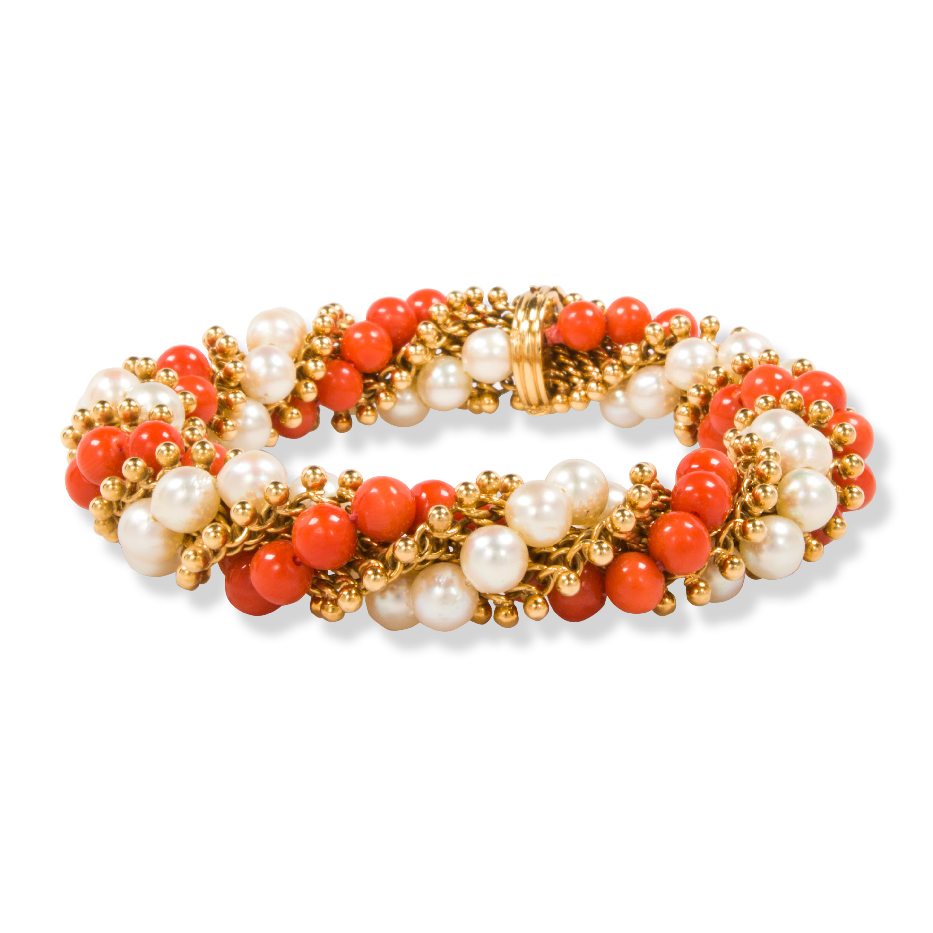 A CORAL AND CULTURED PEARL BRACELET  3a53fd