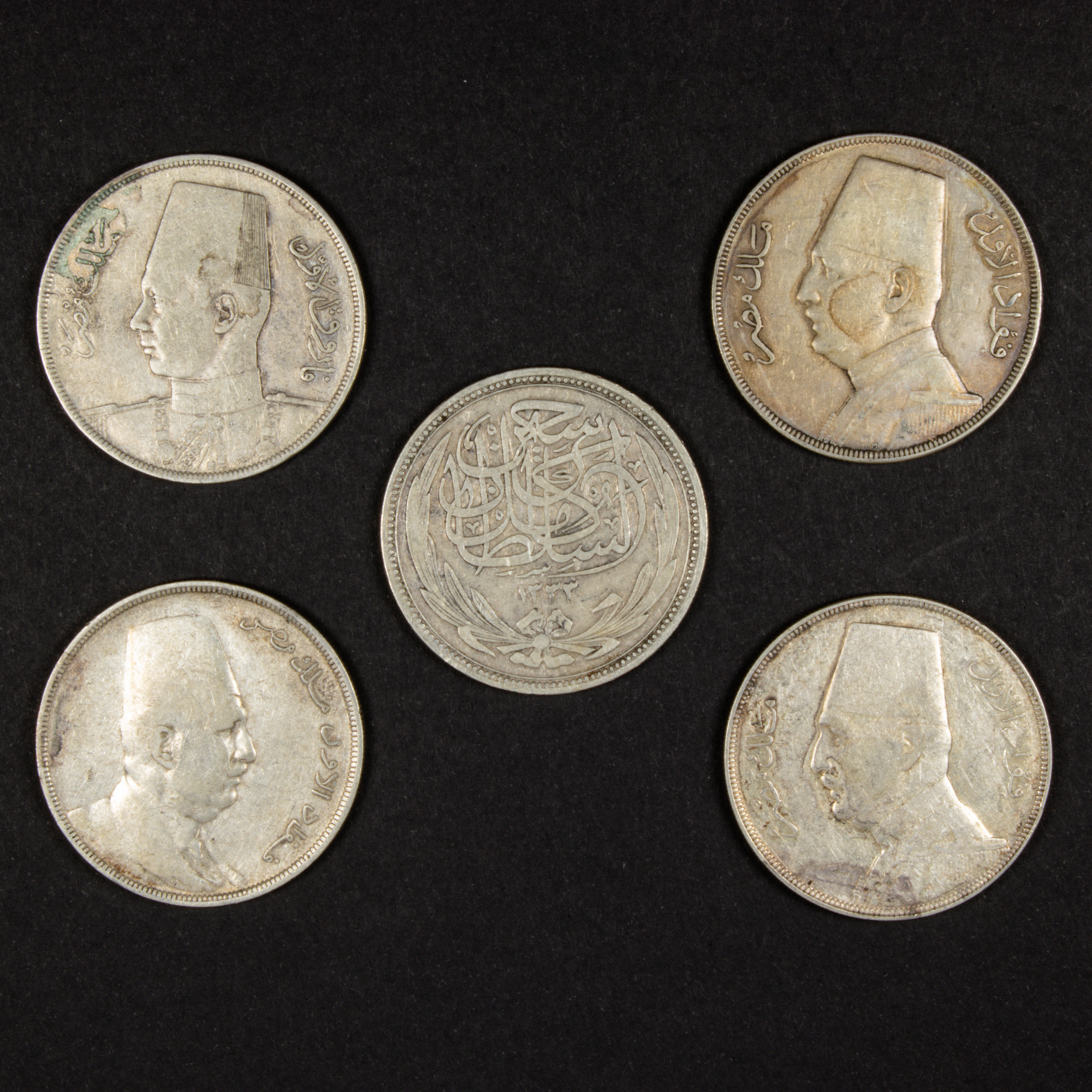 (LOT OF 5) EGYPTIAN SILVER 20 PIASTRES