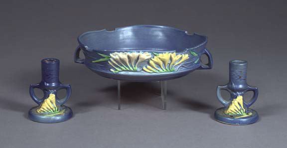 Three-Piece Roseville Pottery Blue-Glazed