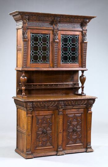 Carved Oak and Leaded Glass Cabinet,