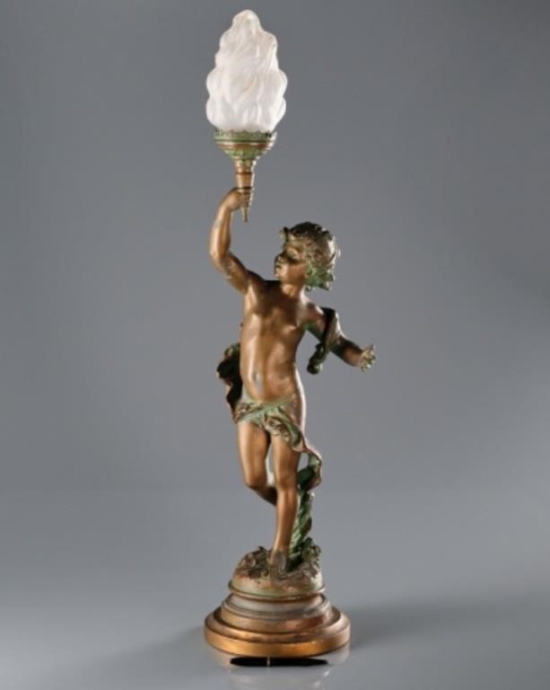 PATINATED SPELTER FIGURAL LAMP