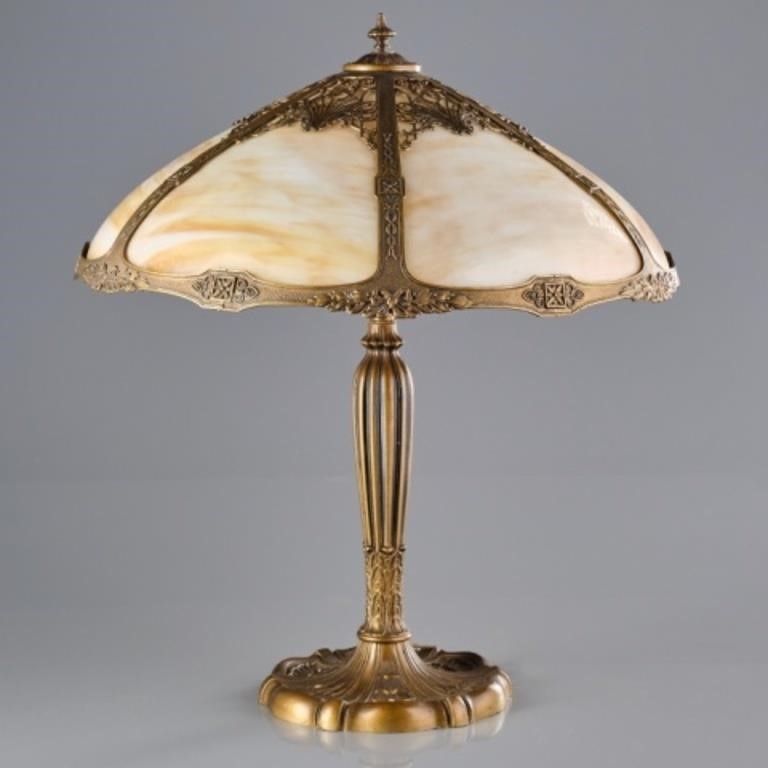 BRONZE & SLAG GLASS TABLE LAMPCirca