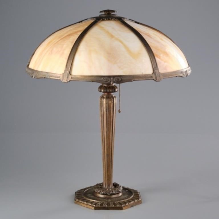 BRONZE & SLAG GLASS TABLE LAMPCirca