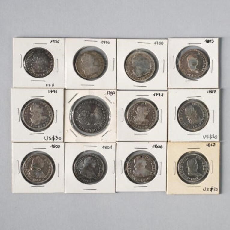 SPANISH SILVER COINSA lot of 12
