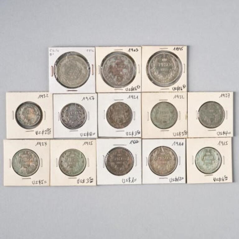 CHILEAN SILVER PESOSA lot of 13