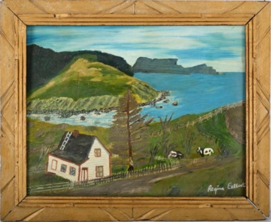 SEASIDE HOUSE FOLK ART PAINTINGA folk