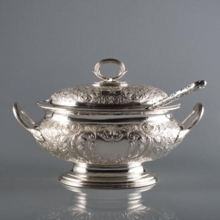 SILVER PLATED SOUP TUREEN & LADLEA