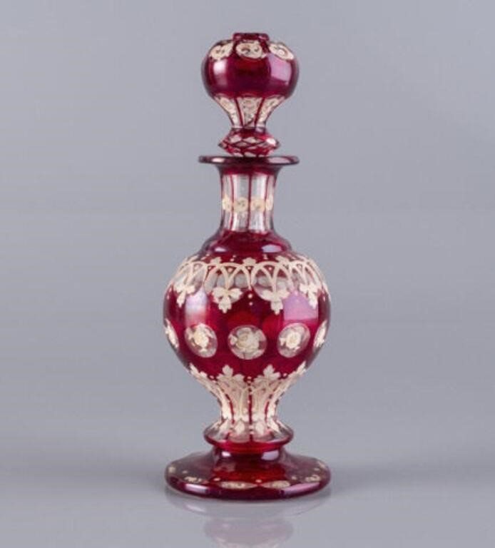 BOHEMIAN ENAMELED RUBY GLASS DECANTERA 3a8b49