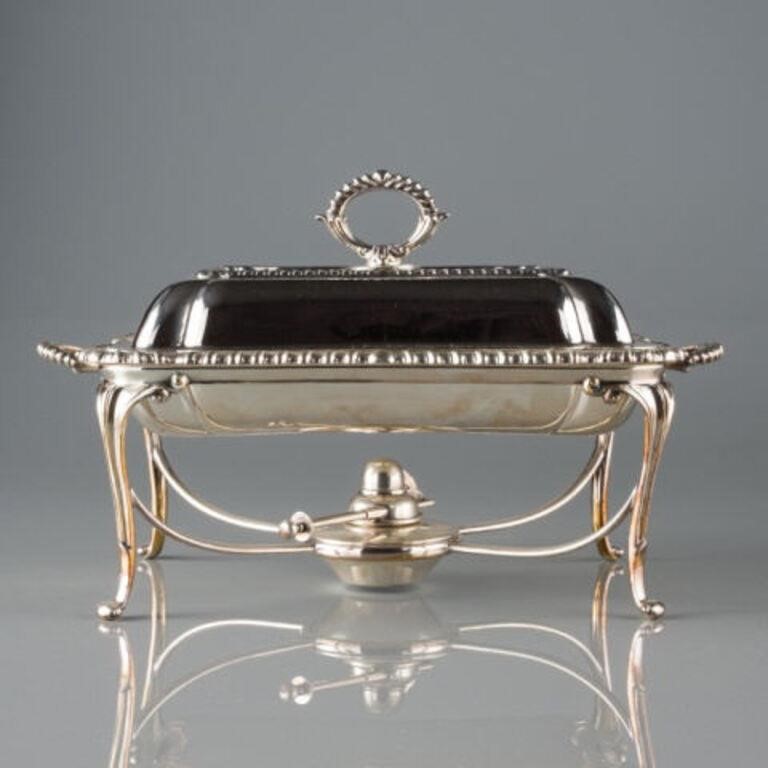 SILVER PLATED LIDDED ENTR E DISH ON STANDA 3a8b4a