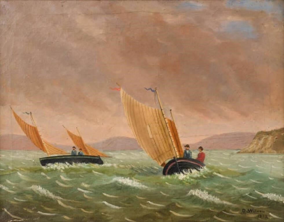 OIL ON CANVAS BY D. WILSON OF SAILBOATSAn