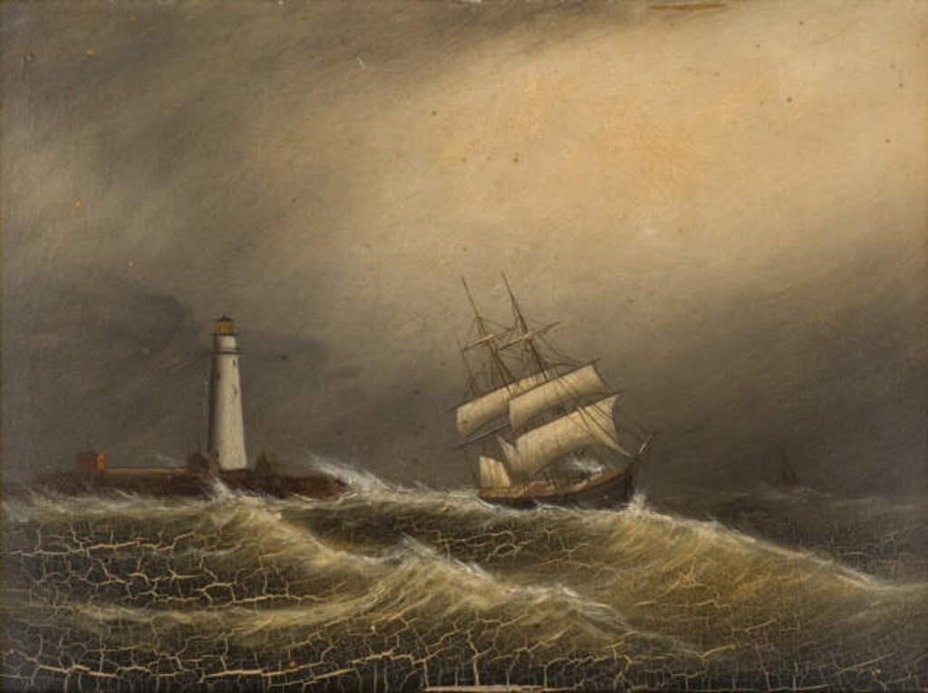 PAINTING OF SHIP AND LIGHTHOUSEA