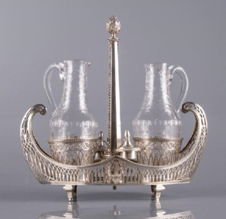 FRENCH SILVER NAVETTE CRUET SET, EARLY