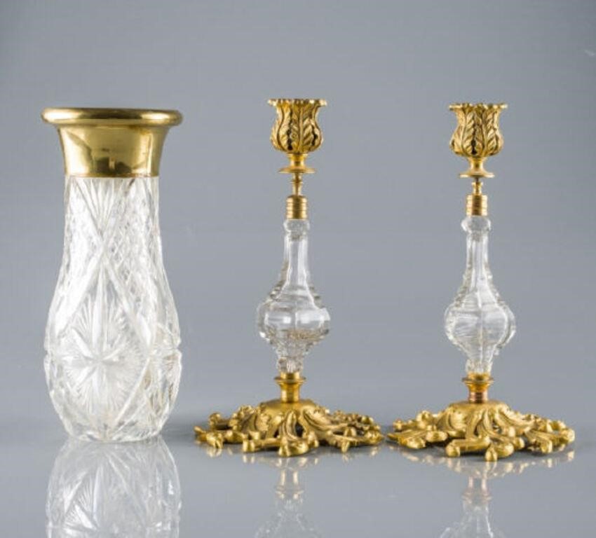 PAIR OF ORMOLU GLASS CANDLESTICKS 3a8e0a