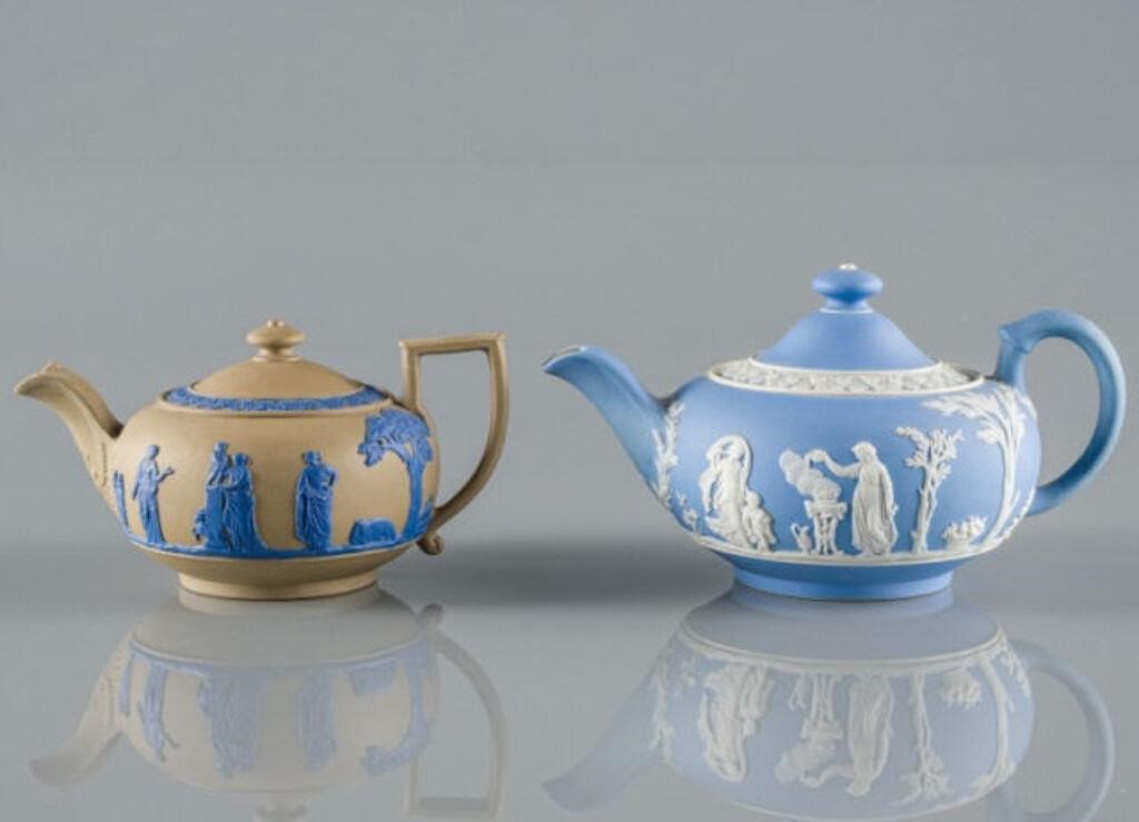 TWO WEDGWOOD JASPERWARE TEAPOTSTwo Wedgwood