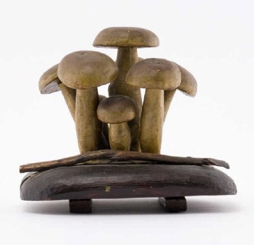 PINE CARVING OF MUSHROOMS, QUEBEC, CA.